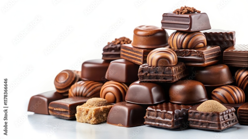 Chocolatey treats piled high on a white background, chocolate, rich, chocolate, rich, sweet tooth, brown, creamy Chocolatey treats piled high on a white background, chocolate, rich, chocolate, rich, sweet tooth, brown, creamy