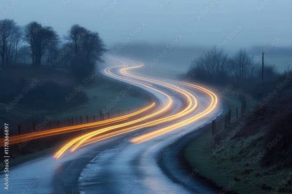 Long Exposure of Car Lights on a Curvy Road at Dusk in a Misty Countryside Setting Long Exposure of Car Lights on a Curvy Road at Dusk in a Misty Countryside Setting