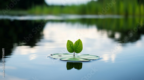 Minimalist wetland depiction with a singular lily pad floating on still water, soft reflections of reeds and clouds in the background. photo