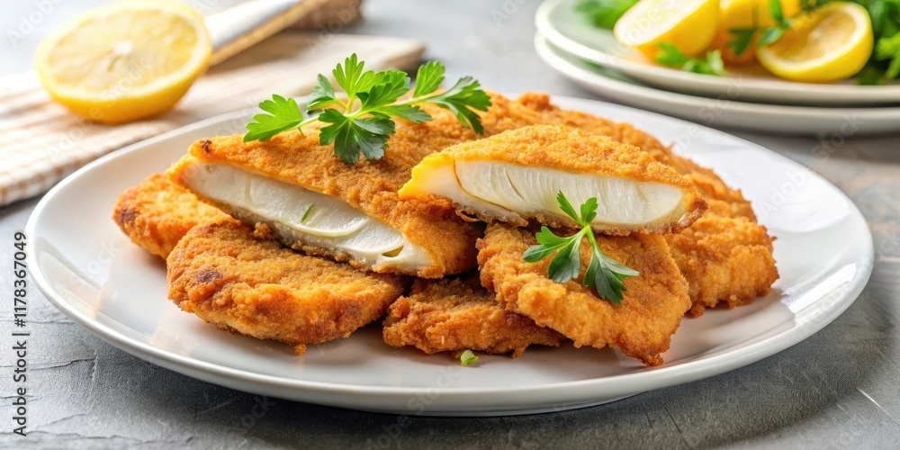 Crispy chicken schnitzel slice on a white plate , sliced, closeup Crispy chicken schnitzel slice on a white plate , sliced, closeup