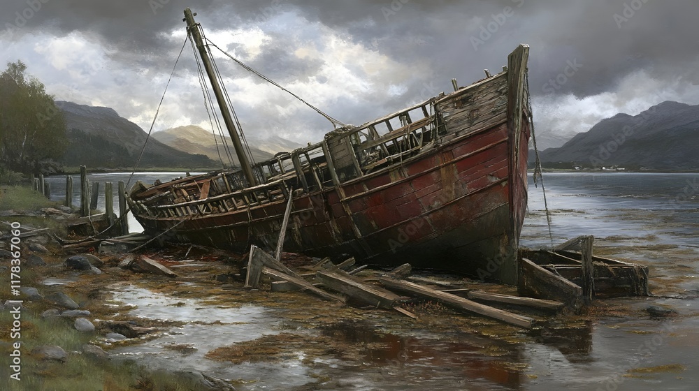 An abandoned boat rests on a shore, surrounded by mountains and a calm body of water. An abandoned boat rests on a shore, surrounded by mountains and a calm body of water.