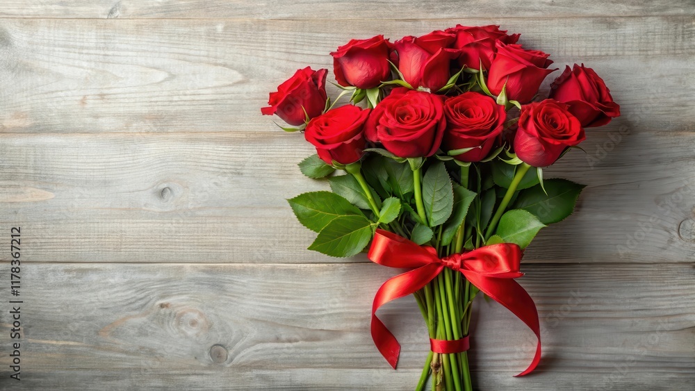 A bouquet of long-stemmed red roses with green leaves and a ribbon tied at the stem, special occasion, red roses A bouquet of long-stemmed red roses with green leaves and a ribbon tied at the stem, special occasion, red roses