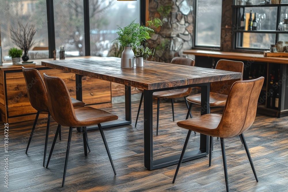 Modern solid wood dining table with black metal frame and three-seating bench for kitchen or living room. High-top bar style home furniture design. Modern solid wood dining table with black metal frame and three-seating bench for kitchen or living room. High-top bar style home furniture design.