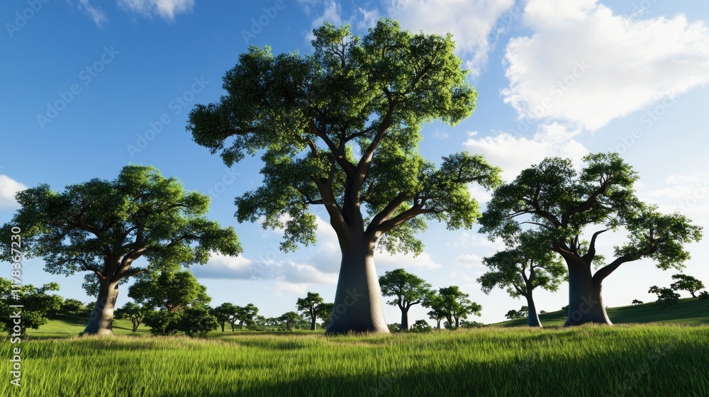 Lush landscape featuring majestic trees under a clear blue sky. Lush landscape featuring majestic trees under a clear blue sky.
