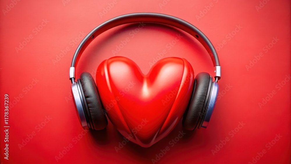 A close-up shot of a red heart-shaped object with sleek headphones , audio equipment A close-up shot of a red heart-shaped object with sleek headphones , audio equipment
