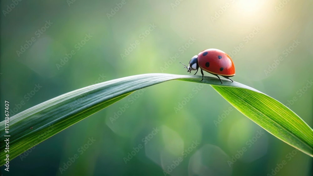 Fototapeta premium A ladybug's delicate journey across a vibrant green blade of grass, bathed in the soft glow of sunlight, embodies the peaceful harmony of nature's intricate design.