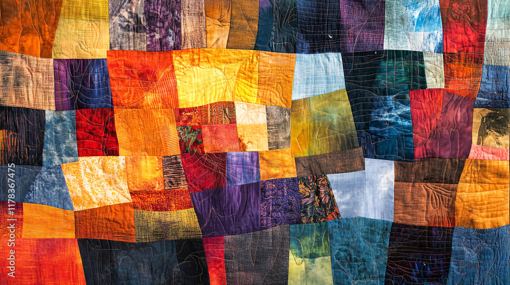An abstract portrayal of quilting, with layers of fabric arranged in a vibrant patchwork, symbolizing heritage, warmth, and the art of storytelling. 