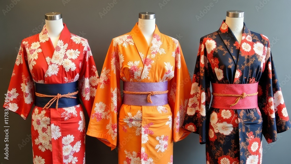 Three Floral Yukata Robes Displayed On Mannequins Three Floral Yukata Robes Displayed On Mannequins