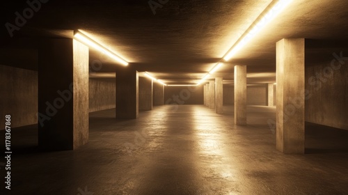 A dimly lit underground space with concrete pillars and glowing lights.