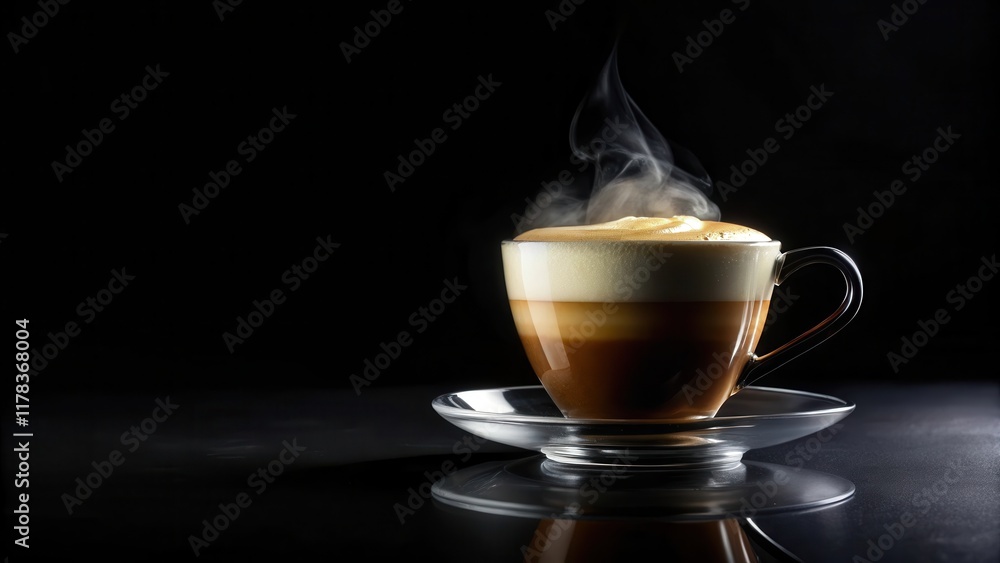 Dark cup of coffee on black background with steamed milk foam isolated , cup, isolated,  cup,isolated, liquid, dark, milk
