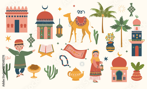  A charming collection of flat design Islamic Festive Icons Ramadan and Eid Mubarak Elements