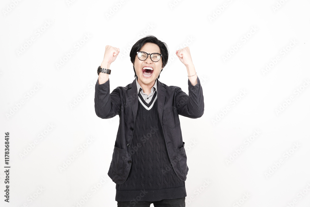 Yes excited gesture, happy and Celebration of Handsome Asian Man Isolated On White Background Yes excited gesture, happy and Celebration of Handsome Asian Man Isolated On White Background