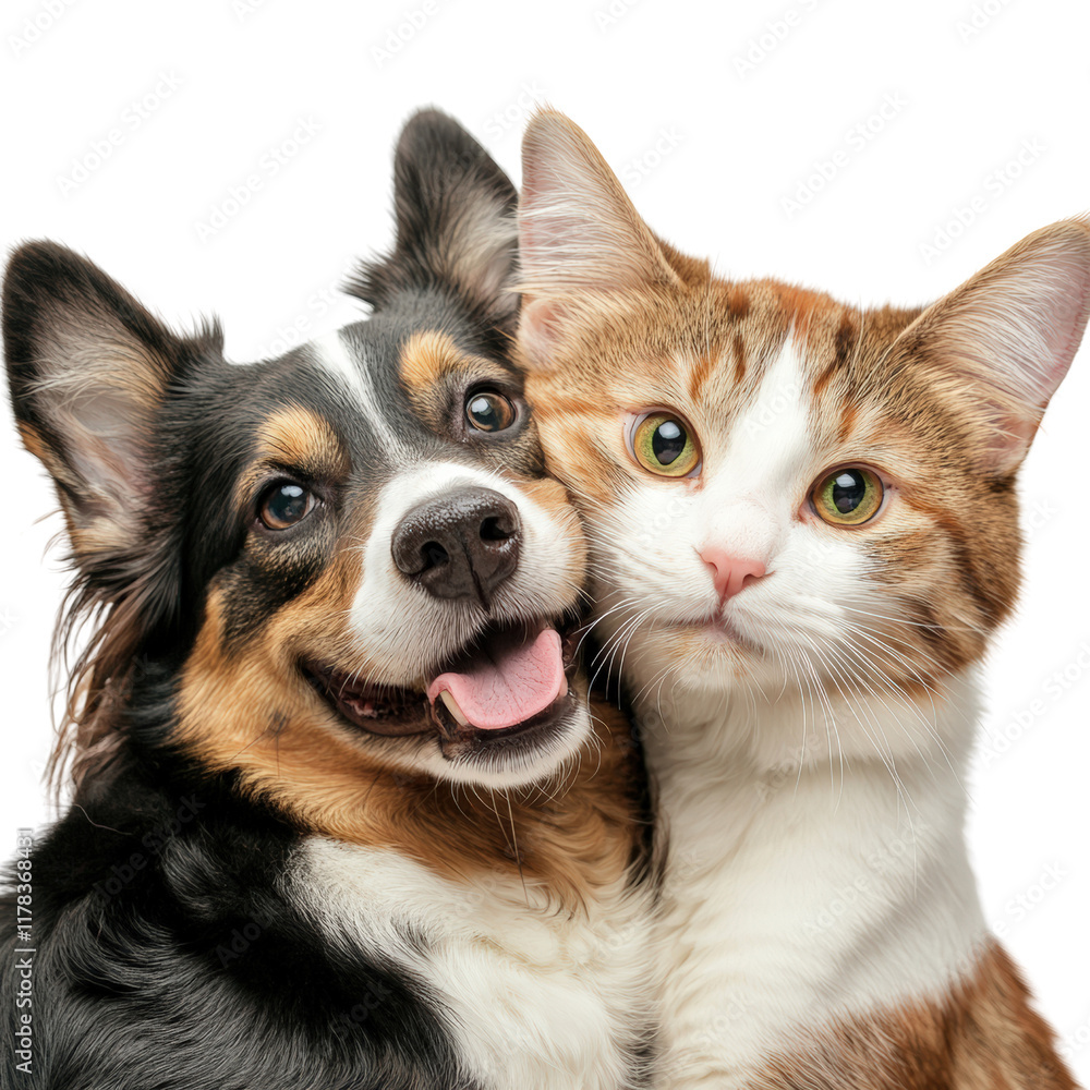 Adorable Cat and Playful Dog Engaged in Curious Stare in Cozy Living Room Setting Creating a Heartwarming Scene Together isolated on white background Adorable Cat and Playful Dog Engaged in Curious Stare in Cozy Living Room Setting Creating a Heartwarming Scene Together isolated on white background