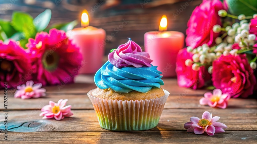 Colorful cupcake with bright pink and blue frosting on a rustic wooden table Colorful cupcake with bright pink and blue frosting on a rustic wooden table