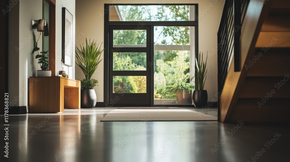 Fototapeta premium Modern Home Entrance: Sunlit Foyer with Glass Door and Wooden Staircase