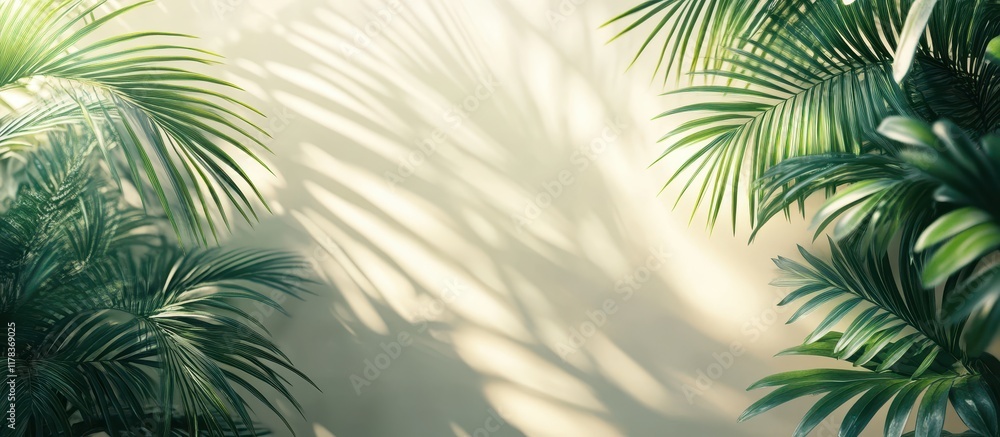 Obraz premium ** Sunlit Tropical Palm Leaves Casting Shadows on a Soft Beige Wall Creating a Serene and Natural Atmosphere..**