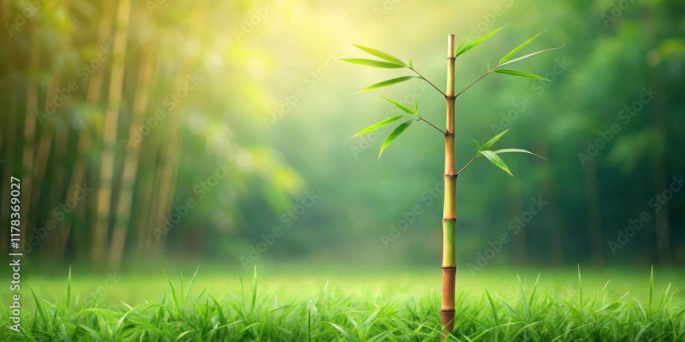 Naklejka premium A Single Bamboo Shoot Emerging in a Verdant Meadow, Backlit by the Soft Glow of Morning Sun