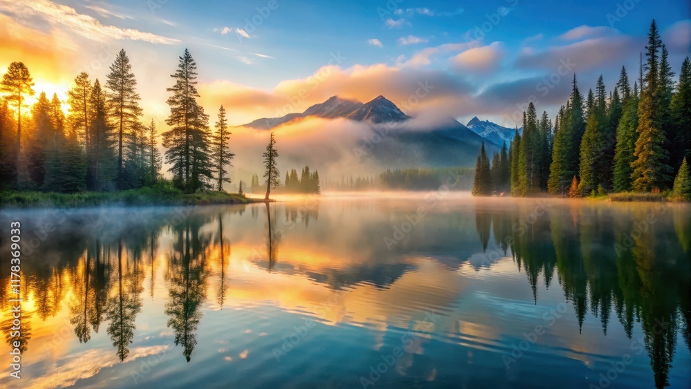 Serene mountain lake at sunrise with mist covered trees, mountain lake Serene mountain lake at sunrise with mist covered trees, mountain lake