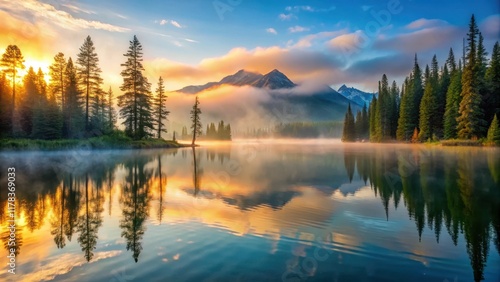 Serene mountain lake at sunrise with mist covered trees, mountain lake