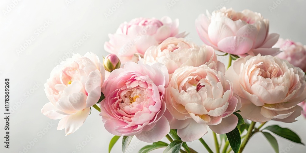 A delicate cluster of pale pink peonies against a soft white background A delicate cluster of pale pink peonies against a soft white background
