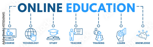 Online Education banner web icon vector illustration concept with icon of course, technology, study, teacher, training, learn, knowledge