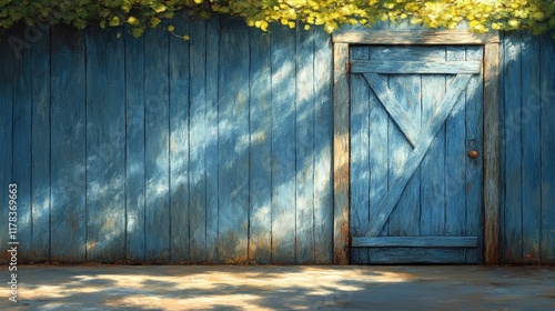 Sunlit Blue Barn Door with Vine-Covered Wall and Concrete Floor