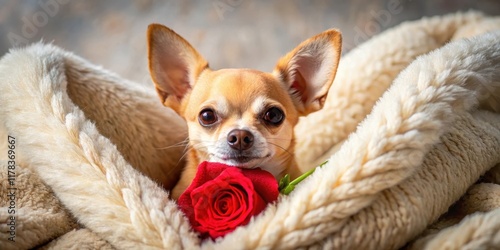 Chihuahua dog snuggled up in a cozy blanket with a fresh red rose nestled beside it on a soft, plush cushion, blanket photo