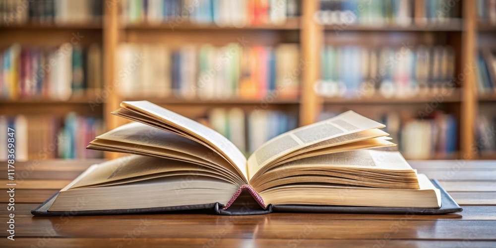 A stack of two open soft cover books lying side by side on a wooden table with a few pages visible on both books , library A stack of two open soft cover books lying side by side on a wooden table with a few pages visible on both books , library