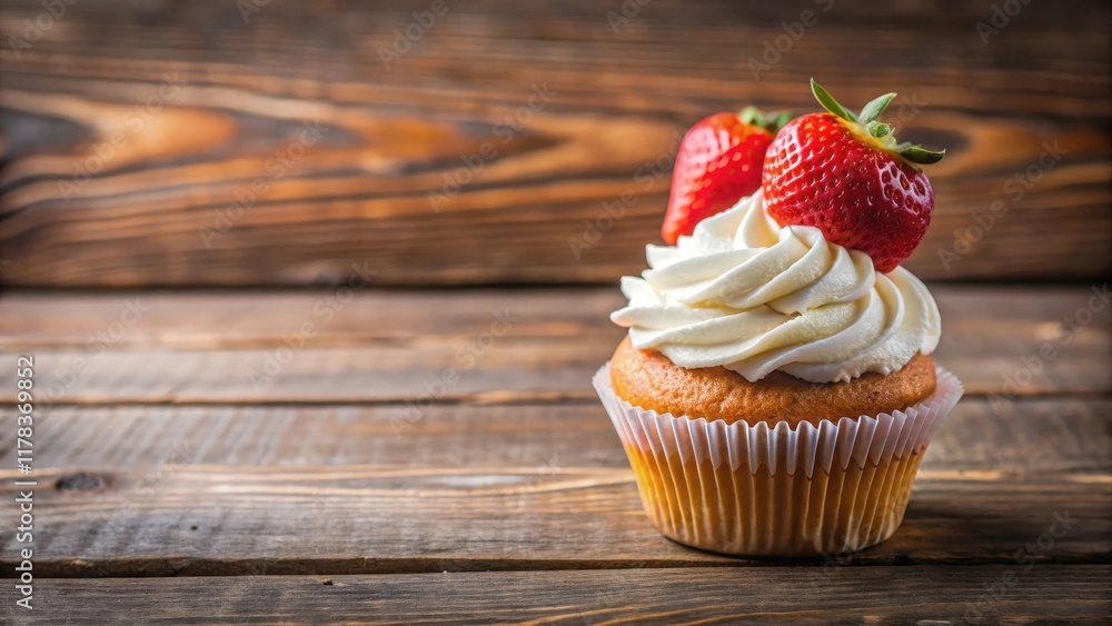 Freshly baked cupcake with a layer of whipped cream and sliced strawberries on top Freshly baked cupcake with a layer of whipped cream and sliced strawberries on top