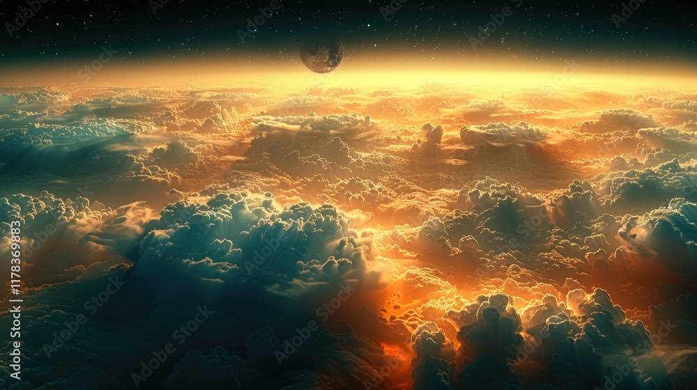 Fototapeta premium Alien planet sunrise, vast cloudscape with moon, aerial view, cosmic background, for sci-fi projects