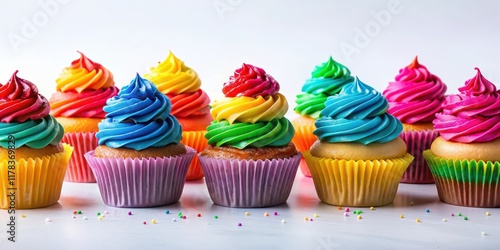 Colorful cupcakes with nine tiered layers of colorful frosting and sprinkles atop a white background , dessert photo