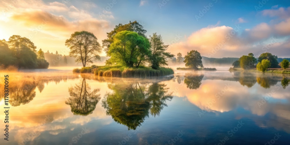 Early morning mist rising from the surface of a serene Irish lake, surrounded by lush greenery and ancient trees, Sunrise Early morning mist rising from the surface of a serene Irish lake, surrounded by lush greenery and ancient trees, Sunrise