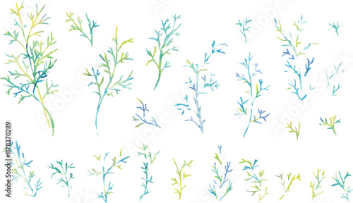 水彩画。水彩タッチのグラデーションカラーの草木イラスト。夏カラーの爽やかな葉っぱと木。Watercolor painting. Watercolor touch gradient color grass and trees illustration. Fresh leaves and trees in summer colors.