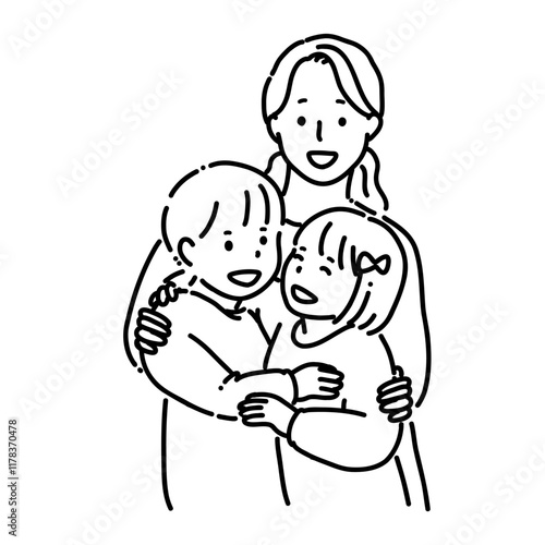 男の子と女の子とお母さん＿線画