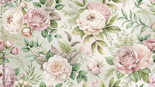 Fototapeta Naklejka Na Ścianę i Meble -  Elegant Pastel Floral Pattern A Seamless Design Featuring Delicate Roses and Peonies