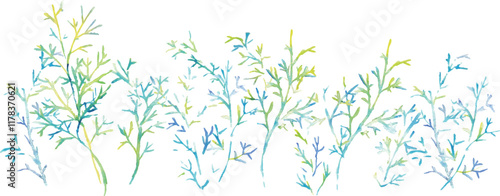 水彩画。水彩タッチのグラデーションカラーの草木イラスト。夏カラーの爽やかな葉っぱと木。Watercolor painting. Watercolor touch gradient color grass and trees illustration. Fresh leaves and trees in summer colors.