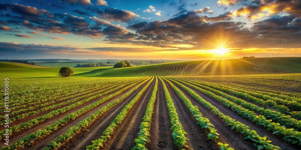 Serene Sunset Over Lush Cultivated Fields, Rows of Young Plants Basking in Golden Hour Light Serene Sunset Over Lush Cultivated Fields, Rows of Young Plants Basking in Golden Hour Light