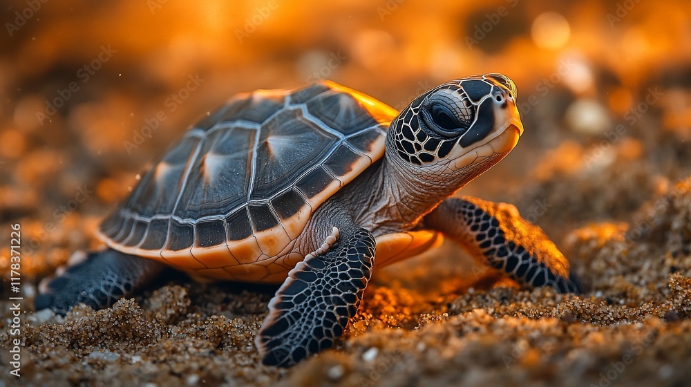 Obraz premium Baby sea turtle sunset beach ocean wildlife nature