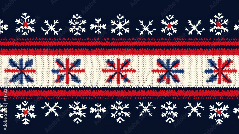 A festive knitted pattern featuring snowflakes and stars in red, white, and blue. A festive knitted pattern featuring snowflakes and stars in red, white, and blue.