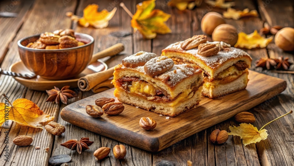 Fototapeta premium Autumnal Delight Sweet Pastry with Nuts and Spices on Rustic Wooden Board
