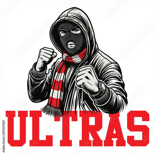 illustration vector graphic of Football fans ultras hooligan wear black jacket with red white scarf design for logo, t-shirt, etc