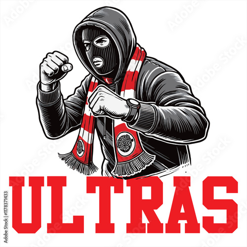 illustration vector graphic of Football fans ultras hooligan wear black jacket with red white scarf design for logo, t-shirt, etc