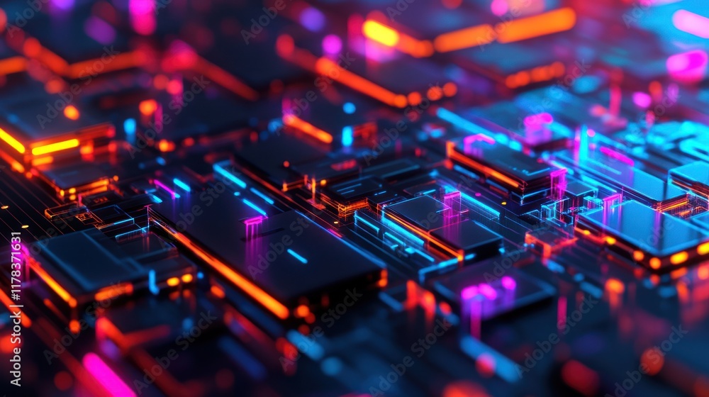 Abstract Neon Circuitry: A vibrant digital artwork showcasing intricate neon-lit geometric shapes and structures, evoking a sense of futuristic technology and energy. Abstract Neon Circuitry: A vibrant digital artwork showcasing intricate neon-lit geometric shapes and structures, evoking a sense of futuristic technology and energy.
