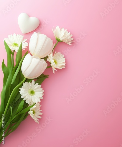 Wallpaper Mural Delicate white flowers and vibrant hearts dance together on a soft pink background, creating a romantic and enchanting Valentine's Day scene. Torontodigital.ca