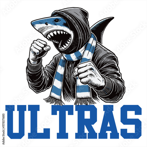 illustration vector graphic of Shark Football fans ultras hooligan wear hoodie with blue white scarf design for logo, t-shirt, etc