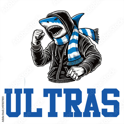 illustration vector graphic of Shark Football fans ultras hooligan wear hoodie with blue white scarf design for logo, t-shirt, etc