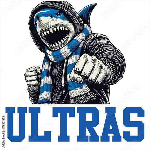 illustration vector graphic of Shark Football fans ultras hooligan wear hoodie with blue white scarf design for logo, t-shirt, etc