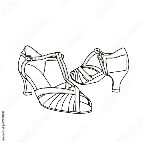Technical sketch  drawing of women's  tango dance shoes, Latin, and salsa dance shoes, ballroom dance shoe