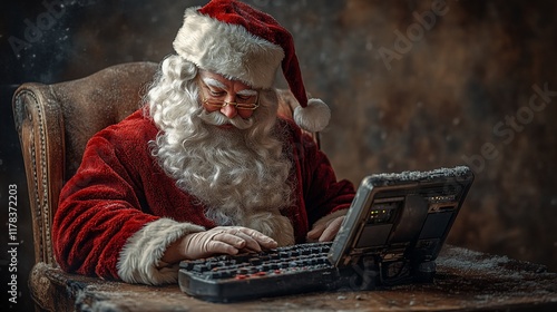 Santa Claus typing on laptop, Christmas studio, snow backdrop, gift list photo