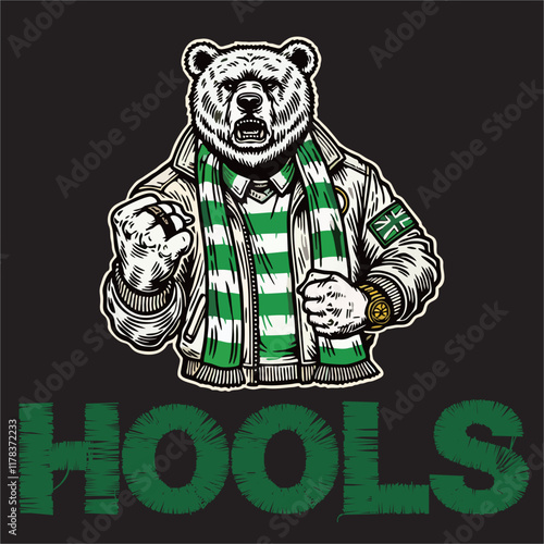 Bear illustration vector graphic Animal being of Football fans ultras hooligan with  scarf design for logo, t-shirt, etc